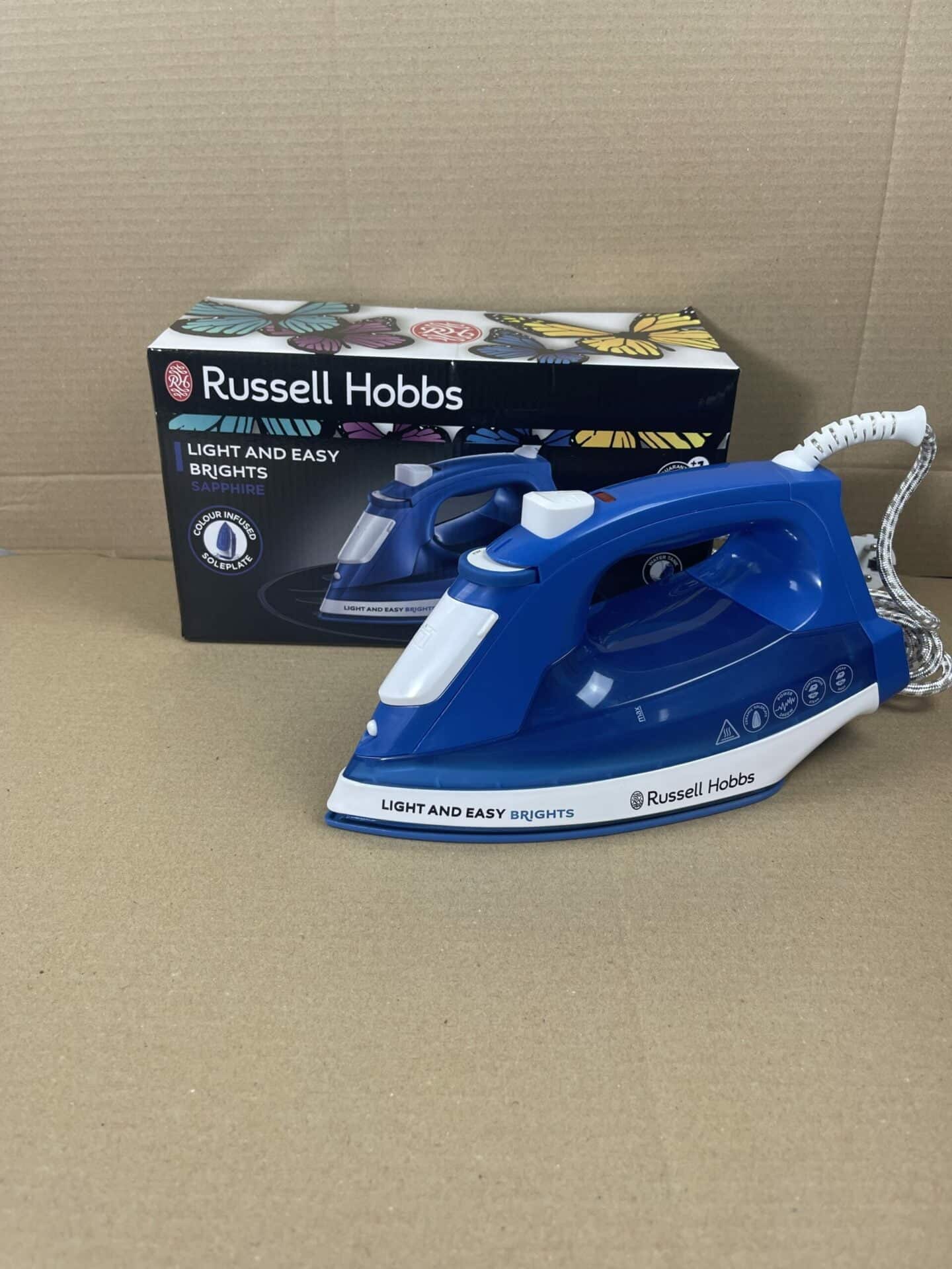 Russel Hobbs strijkijzer blauw voorkant met doos